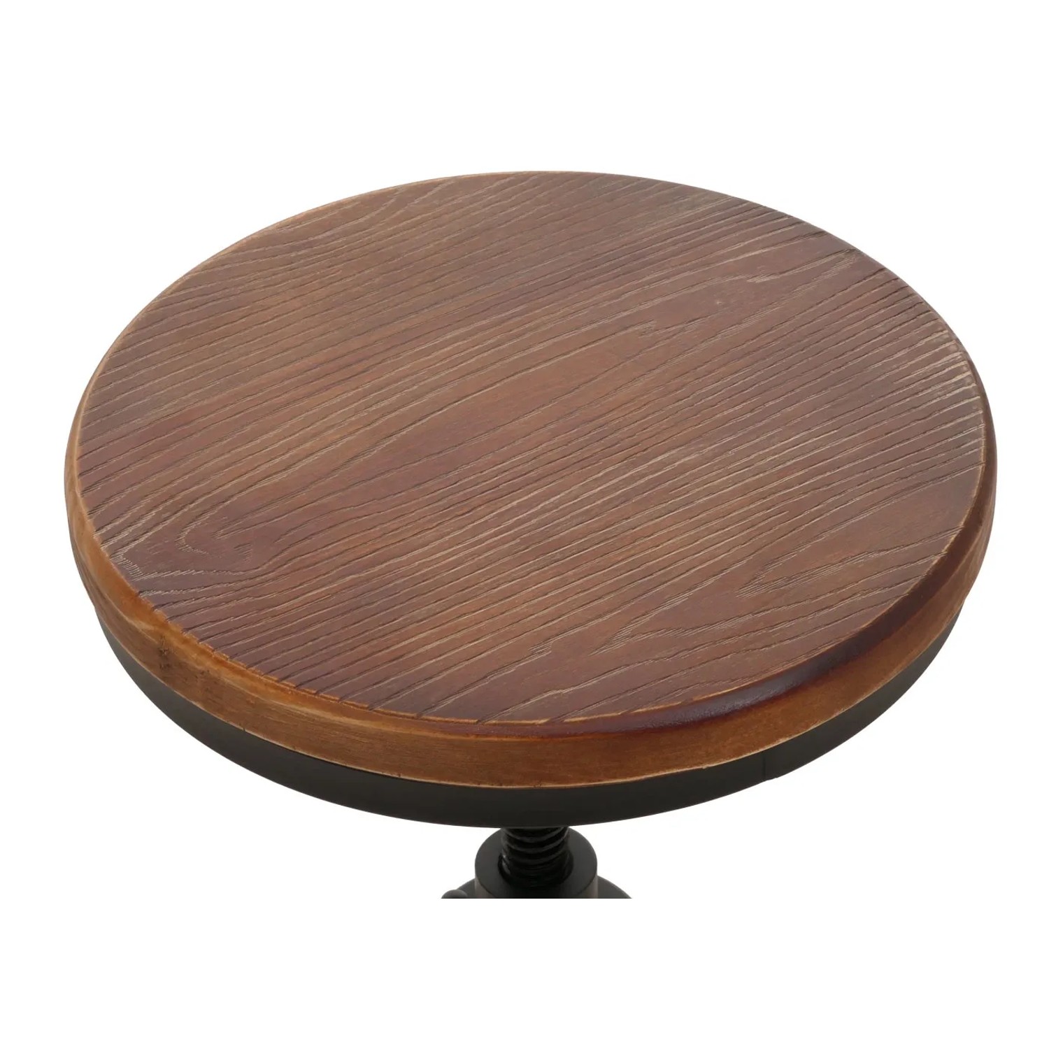 Detailaufnahme: Brauner MCW Barhocker N23 mit Holz-Sitzfläche und Stahlgestell.