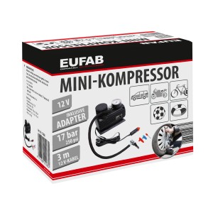 Eufab Mini-Kompressor 12V im Karton, geeignet für Auto-, Motorrad- und Fahrradreifen.