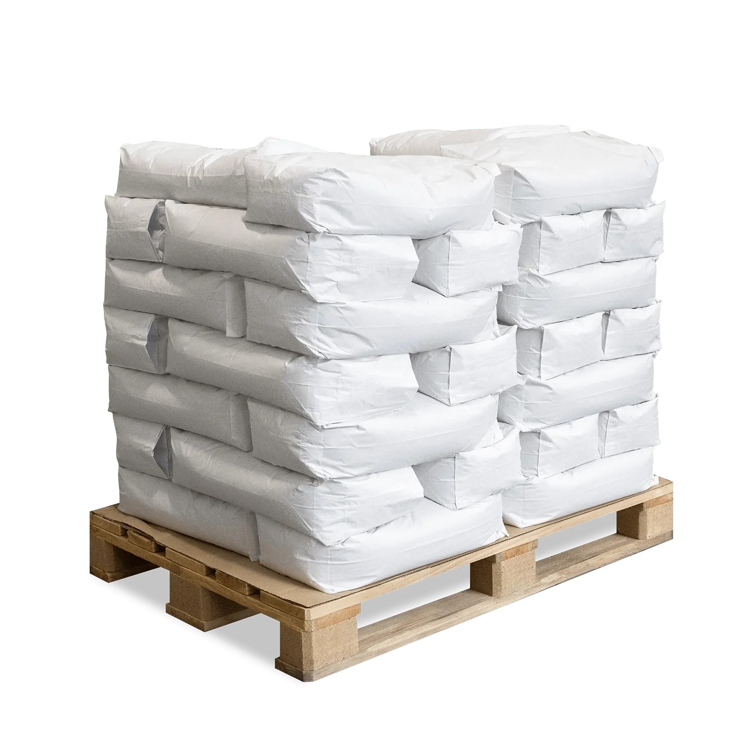 Weiße Säcke Galamio Rasensand auf Holzpalette. Feiner Quarzsand für Garten, Kunstrasen und Drainage. 1000kg Palette.