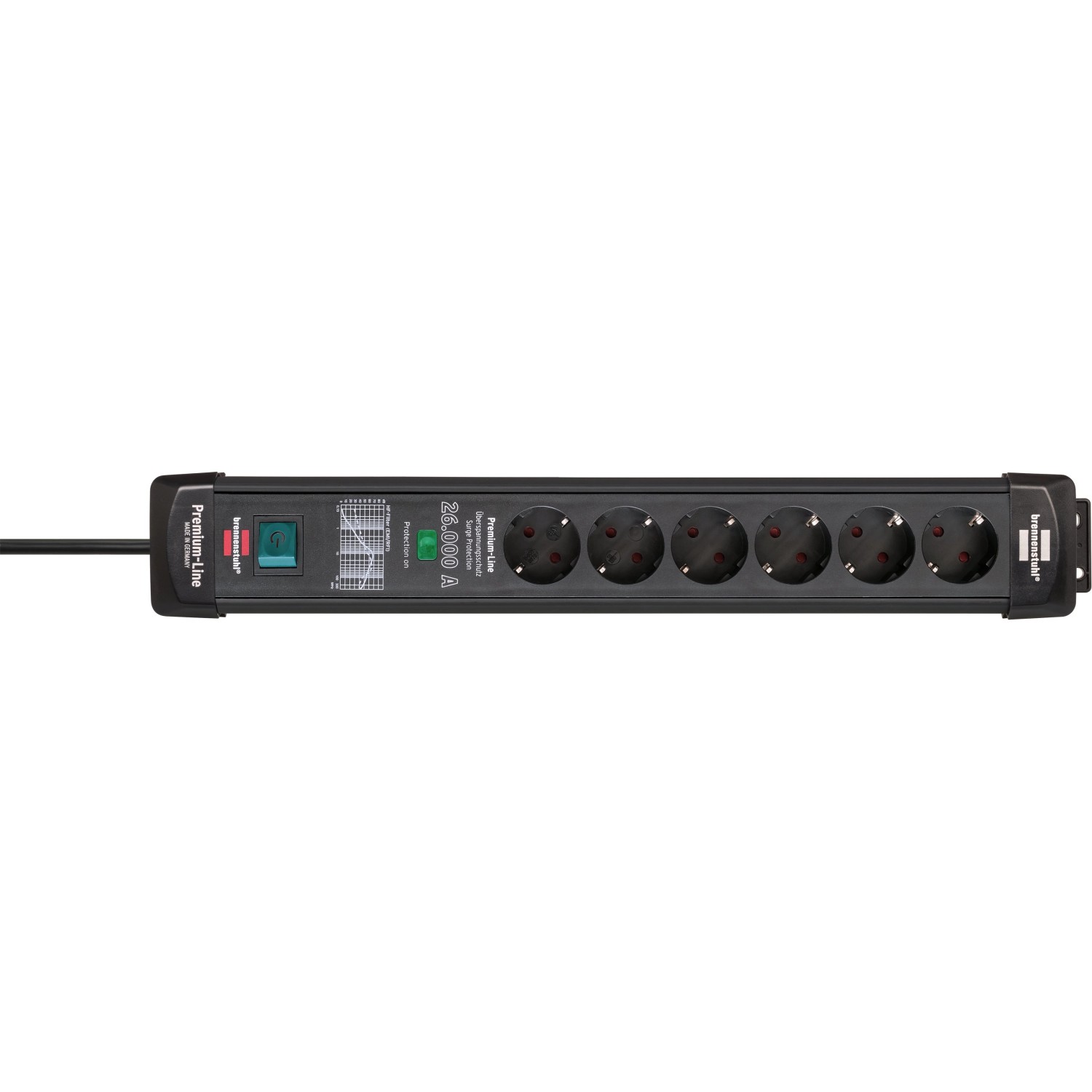 Brennenstuhl Premium-Line Steckdosenleiste, 6-fach, schwarz, mit Schalter und 1,8 m Kabel.