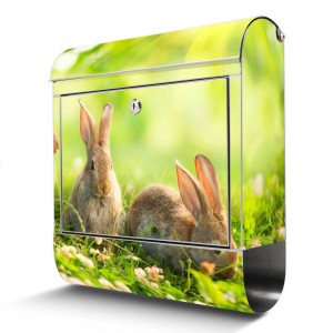 Edelstahl Briefkasten mit Hasen Motiv und Zeitungsfach, 38x43x12.5cm, rostfrei.