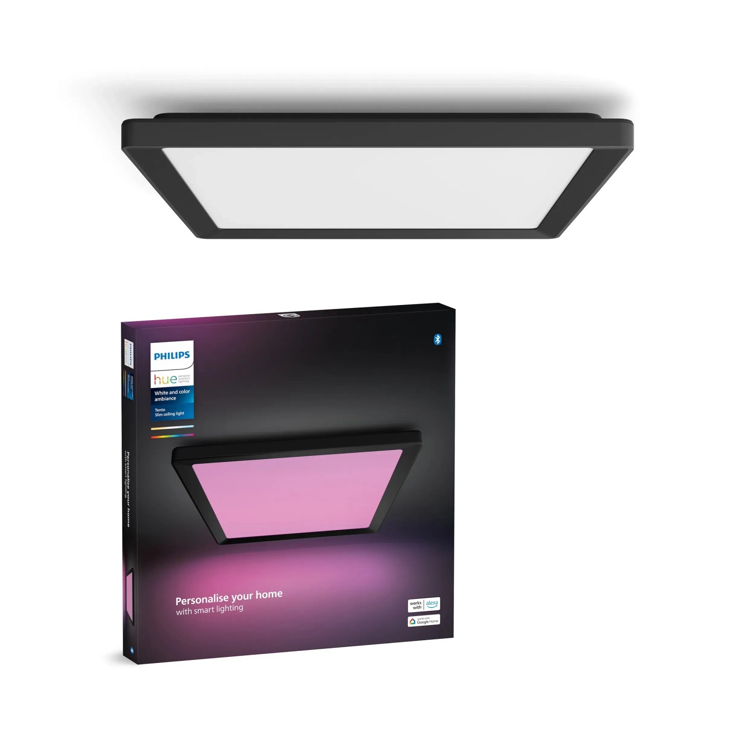 Philips Hue Tento LED-Panel, schwarz, 39,5 cm. Deckenleuchte mit Farbwechsel und Verpackung.