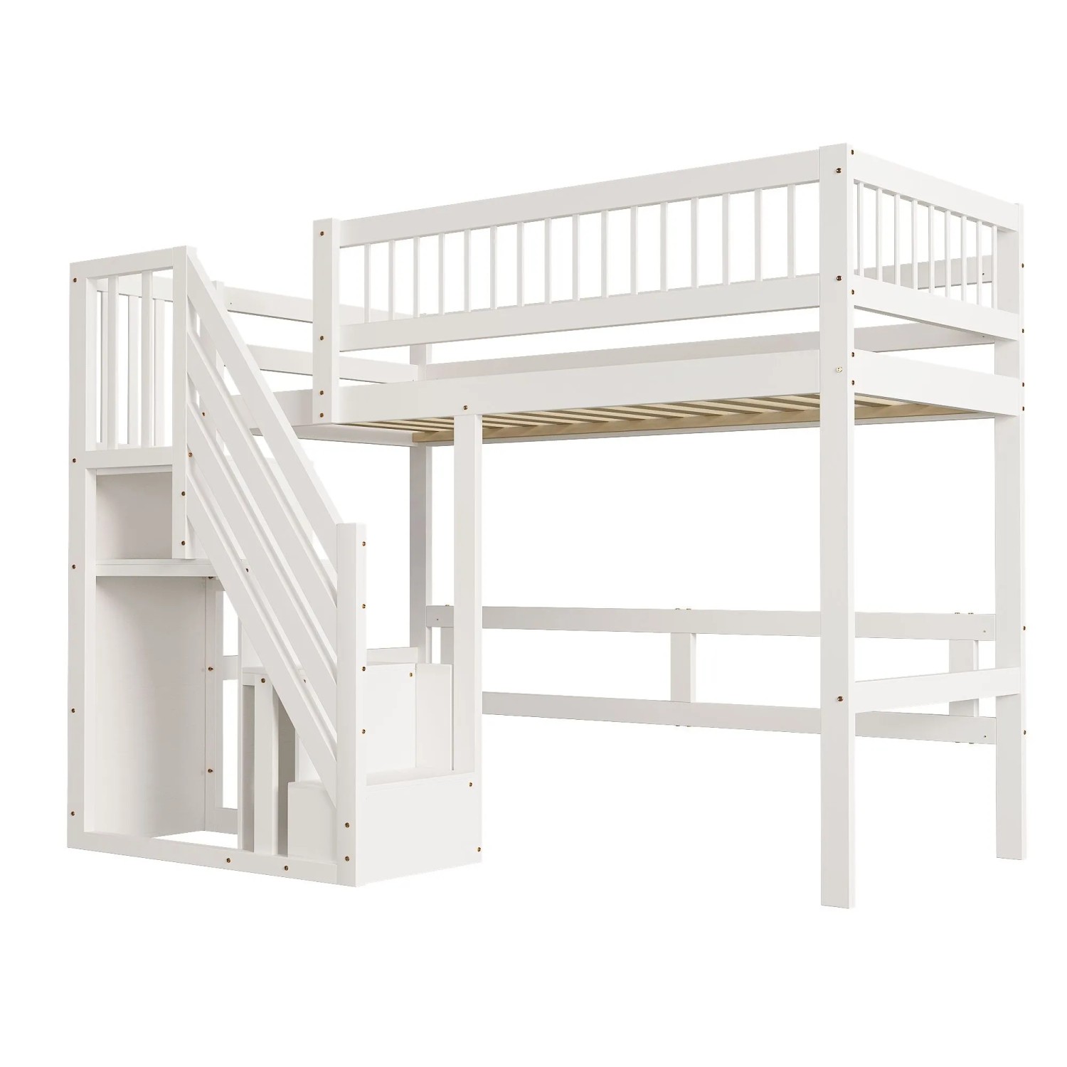 Merax Massivholzbett 90x200cm Treppe Stauraumschrank Weiß