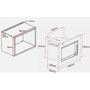 Skizze der Wolkenstein Einbau-Mikrowelle WMW800-20GB EB mit Maßangaben für Einbau und Geräteabmessungen.