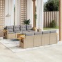 Beige 9-teilige Garten-Sofagarnitur aus Polyrattan mit hellgrauen Kissen.