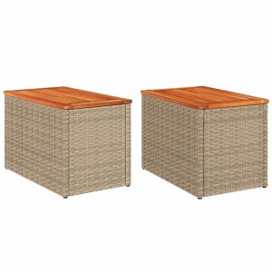 2er Set beige Garten-Beistelltische aus Rattan mit Akazienholzplatte, vidaXL.