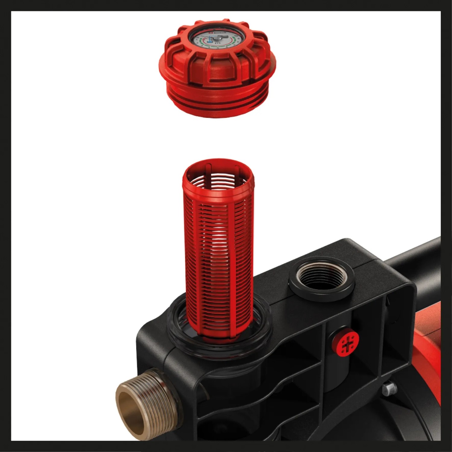 Detailaufnahme: Einhell GE-AW 1246 N FS Hauswasserautomat mit Wasserfilter und Einfüllschraube.