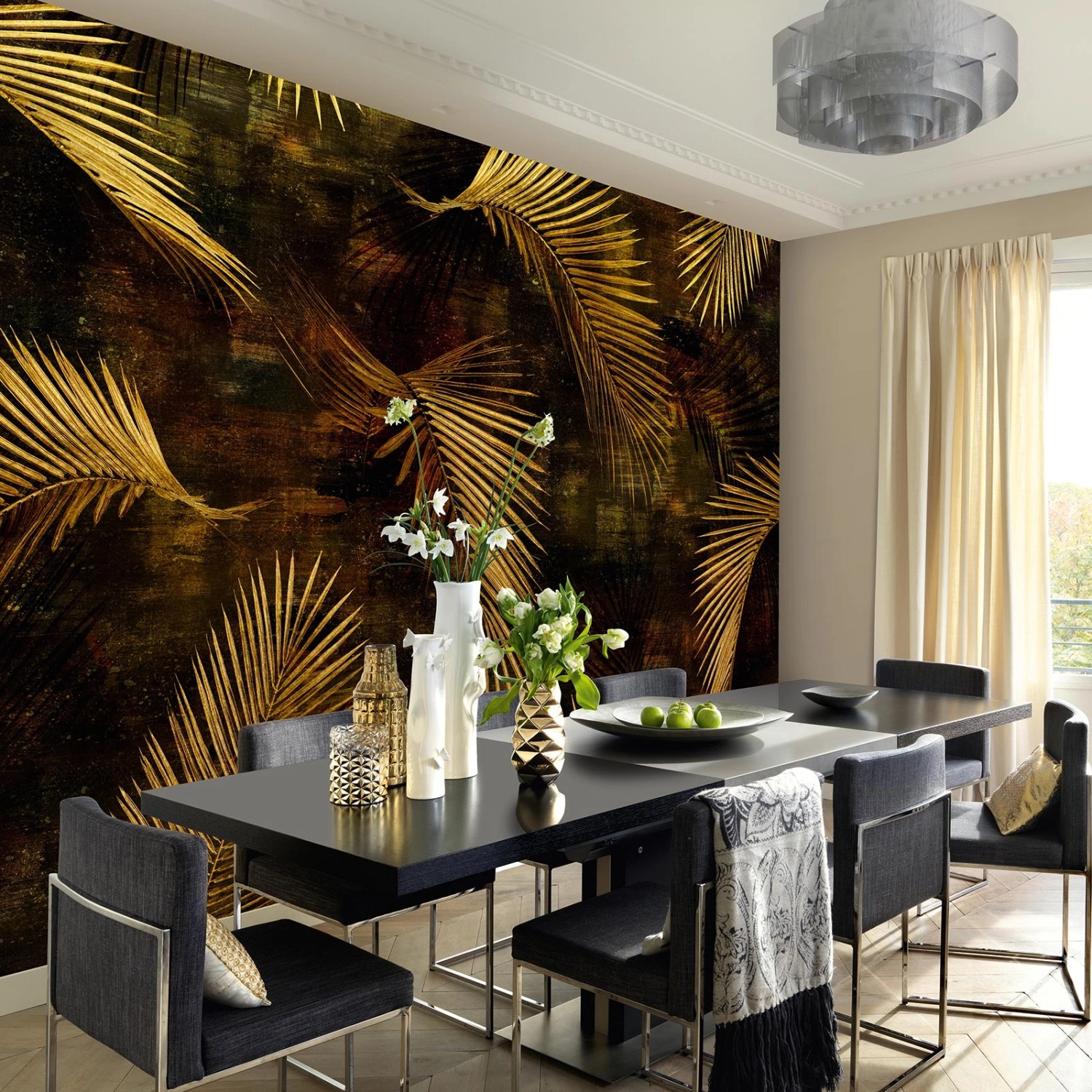 Bricoflor Palmenblätter Tapete Schwarz Gold Vlies Fototapete mit Farn  Design Tropische Bildtapete mit Blättern Ideal für Wohnzimmer und  Schlafzimmer