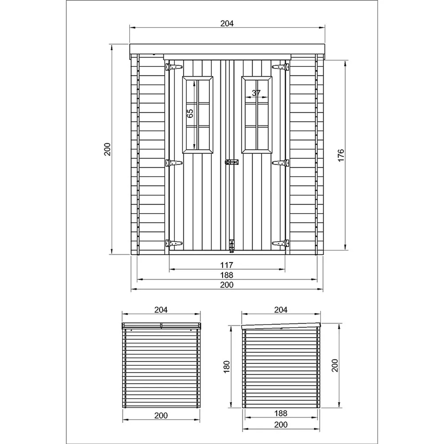 Technische Zeichnung des Timbela Holz-Gartenhauses M309C mit Maßen.