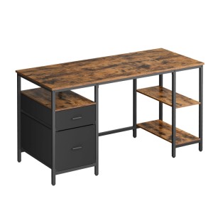 Vasagle Schreibtisch, braun-schwarz, 140 cm breit, mit 3 Ablagen. Computertisch mit Schubladen.