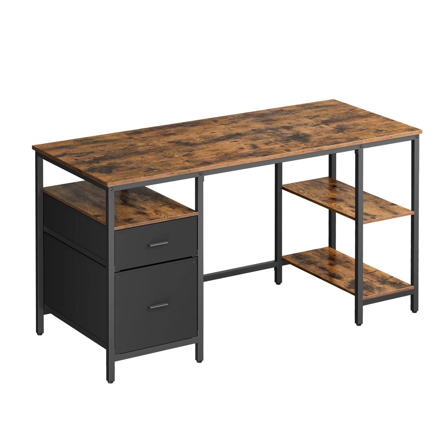 Vasagle Schreibtisch, braun-schwarz, 140 cm breit, mit 3 Ablagen. Computertisch mit Schubladen.