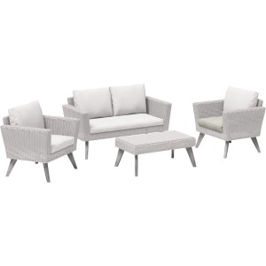 Manila Lounge-Gartenmöbel Set: Sofa, Sessel und Tisch mit beigen Sitzkissen.