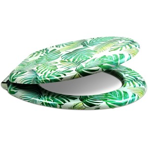 Sanfino WC-Sitz Tropical Leaves, Toilettendeckel mit Absenkautomatik, Holz mit tropischem Blätter-Design.