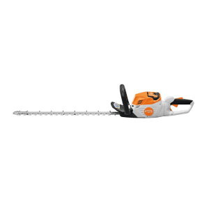 Stihl Akku-Heckenschere HSA 60 in Orange-Grau mit langer Klinge für präzises Trimmen von Hecken und Büschen.