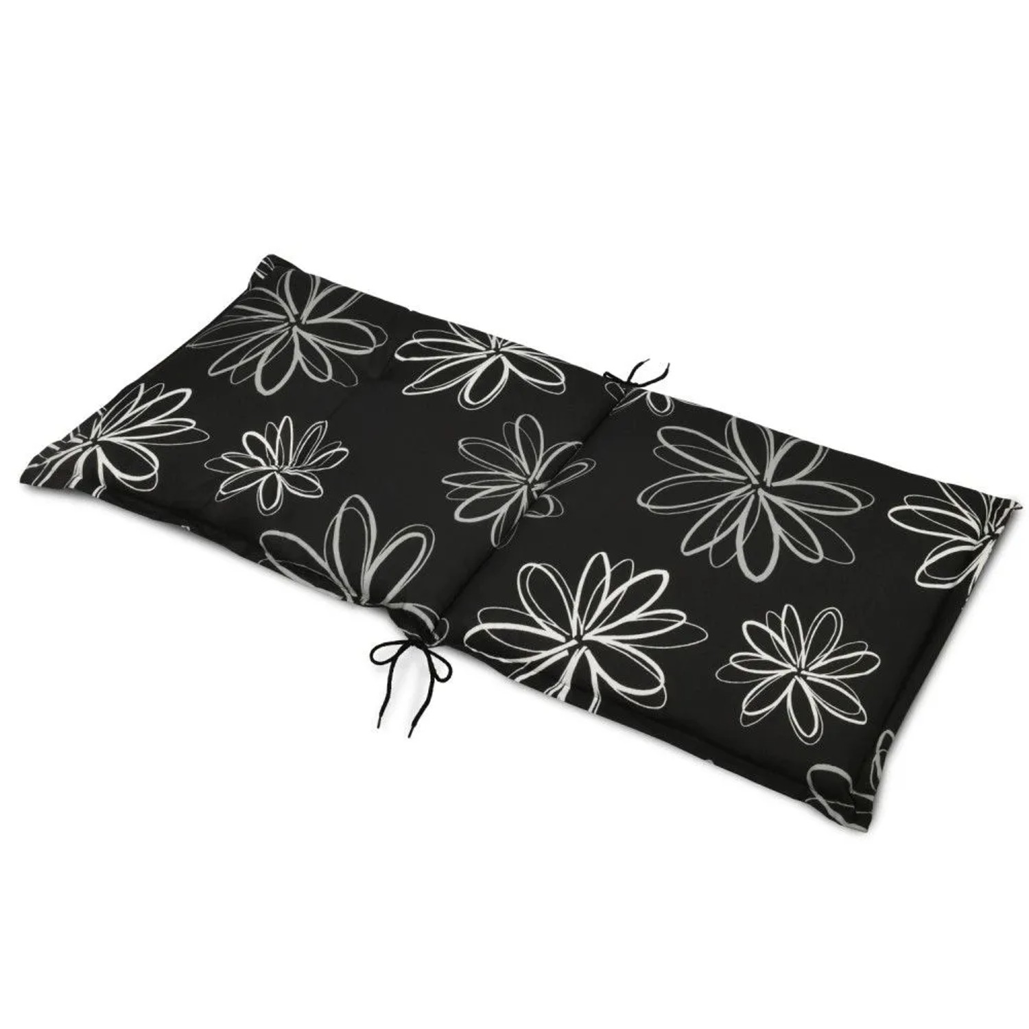 Schwarze Beautissu Flores Niederlehner Gartenstuhlauflage mit weißen Blumenornamenten und Befestigungsschnüren, 100x50x6cm.
