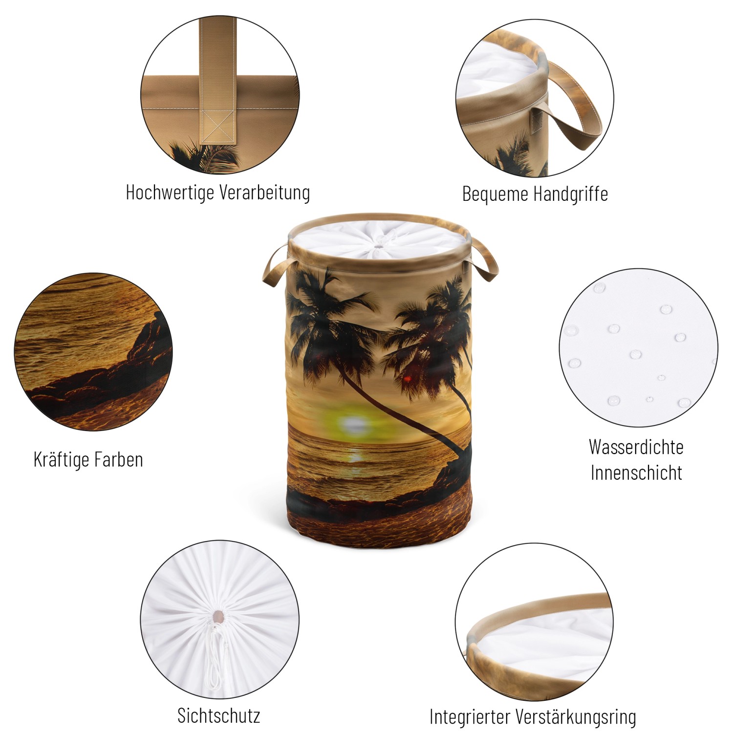 SANILO Wäschekorb Summer mit Palmenmotiv und Sichtschutz, ideal für Bad und Schlafzimmer.