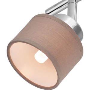 Detailaufnahme: OBI LED Spot Loreto, 4-flammig, Chrom, Stoffschirm, warmes Licht.
