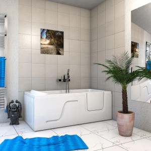 AquaVapore Seniorenwanne mit Tür (150x75cm) in Badezimmer-Szene.