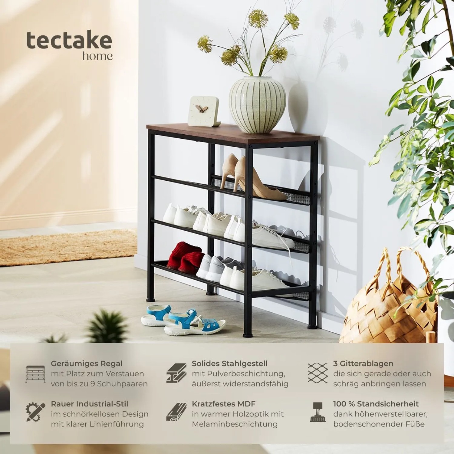Tectake Schuhregal Wolverhampton Industrial Style Holz und Stahl  75 50 x 30 50 x 69 50 cm Industrial Holz Dunkel  Rustikal_2