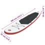 Aufblasbares Stand Up Paddle Board (SUP) in Rot und Weiß, mit Zubehör und Größenangaben.