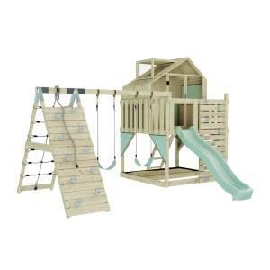 OutdoorToys Spielturm Oscar mit Schaukel, Kletterwand und Rutsche in Mintgrün.