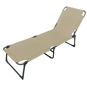 Beige 3-Bein Gartenliege/Sonnenliege, klappbar, mit schwarzem Metallgestell, 188 cm lang.