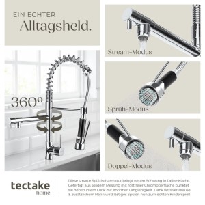 Tectake Küchenarmatur Hochdruck Chrom, schwenkbar mit Brause und verschiedenen Strahlarten.
