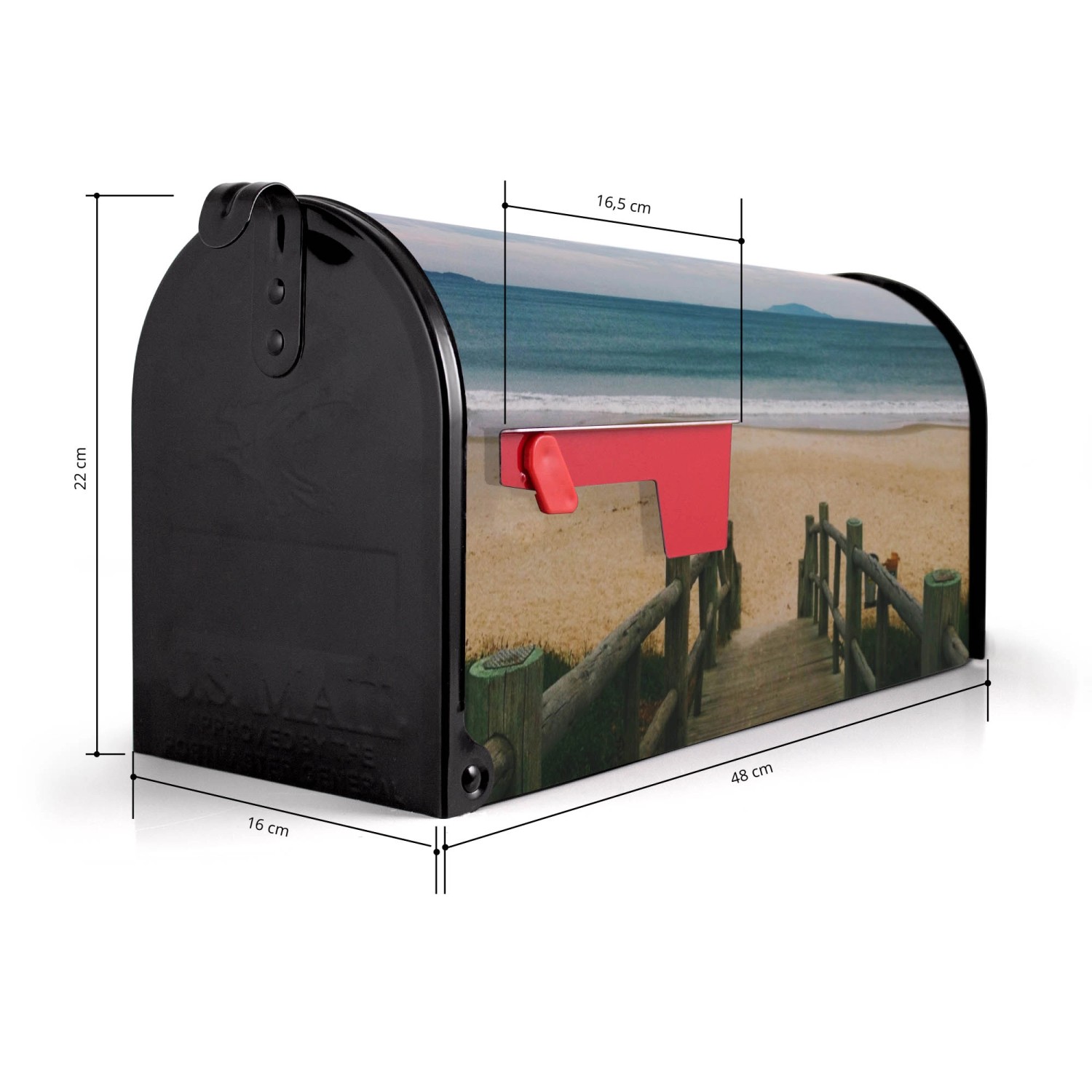 Schwarzer US Briefkasten mit Strandmotiv, roter Fahne und den Maßen 48x22x16cm.