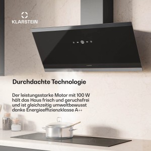 Klarstein FlashLine Dunstabzugshaube, 90cm, schwarz, mit Touch-Bedienfeld und LED-Beleuchtung.