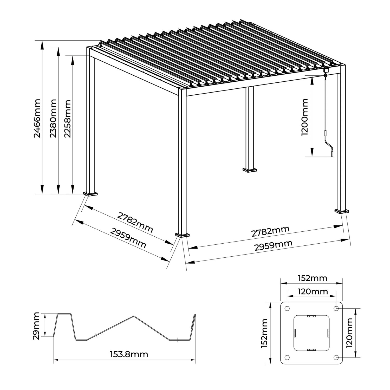 Technische Zeichnung der MWH Pergola Origin 88. Zeigt Maße, Lamellendach, Pfosten und Detailansichten für Pavillon.