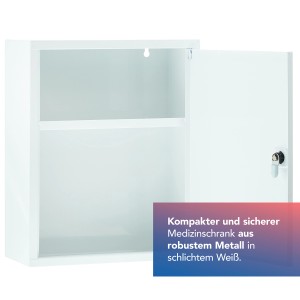 Offener, weißer First Aid Only Medizinschrank mit 2 Fächern und Schloss. Badezimmerschrank aus Metall.