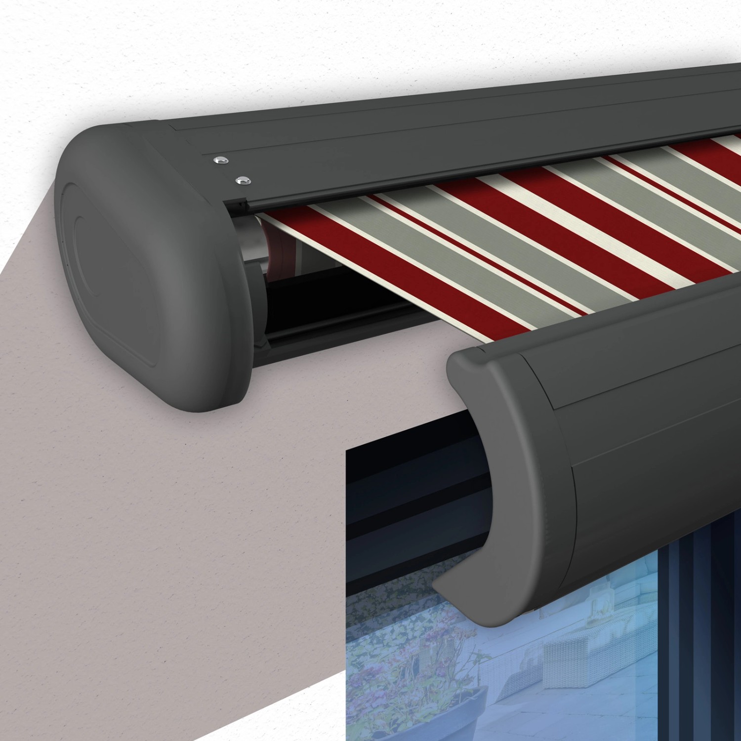 Elektrische Kassettenmarkise in Basaltgrau mit gestreiftem Tuch in Wildrose, 2.0x1.5 m.
