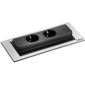 Evoline Backflip versenkbare Steckdose mit 2 Steckdosen und USB-C, gebürsteter Edelstahlrahmen, schwarz.