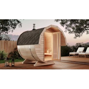 Finntherm Fasssauna Samantha aus Fichte, naturbelassen, mit Dachschindeln und Glastür.