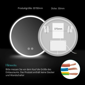 Runder Emke Badspiegel, 70cm, mit LED-Beleuchtung (warmweiß, kaltweiß, neutralweiß) und Touch-Schalter.