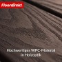 Nahaufnahme: Braune Floordirekt WPC Klickfliese Noble mit 3D-Holzstruktur.