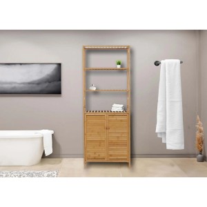 Badezimmer Hochschrank MCW B18 aus Bambus mit 2 Türen und 4 Regalböden.