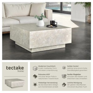 Quadratischer Couchtisch Lasley in Travertin Optik, minimalistisches Design für Wohnzimmer.