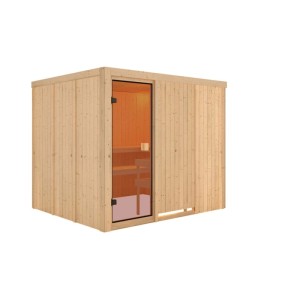 Karibu Innensauna Celine aus hellem Holz mit bronzierter Glastür und Saunaliegen. Moderne Elementsauna.