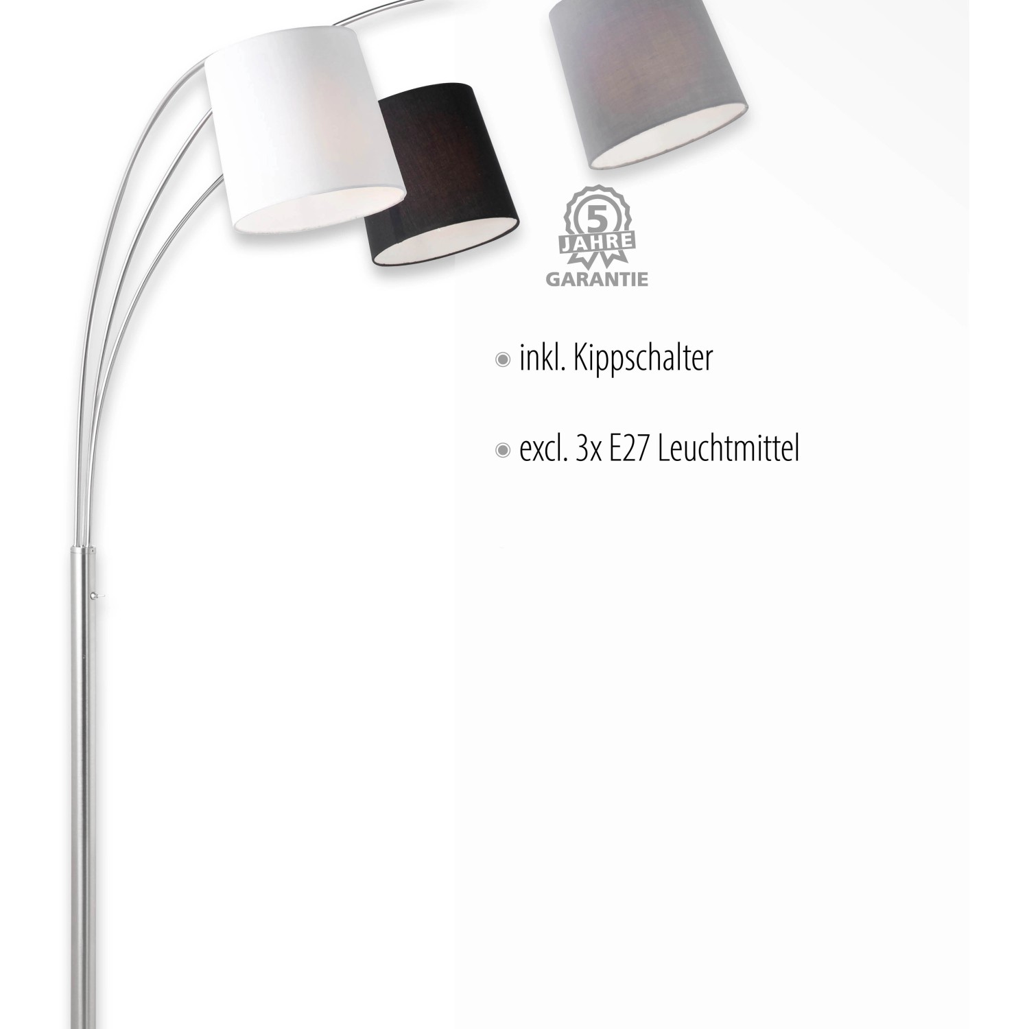 Just Light LED-Stehleuchte Melvin, 3-flammig, mit Stoffschirmen in Grau, Schwarz und Weiß.