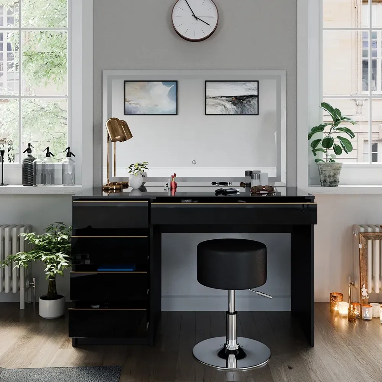 Schwarzer Vicco Schminktisch Sherry mit LED-Spiegel und Hocker, 120 cm breit.