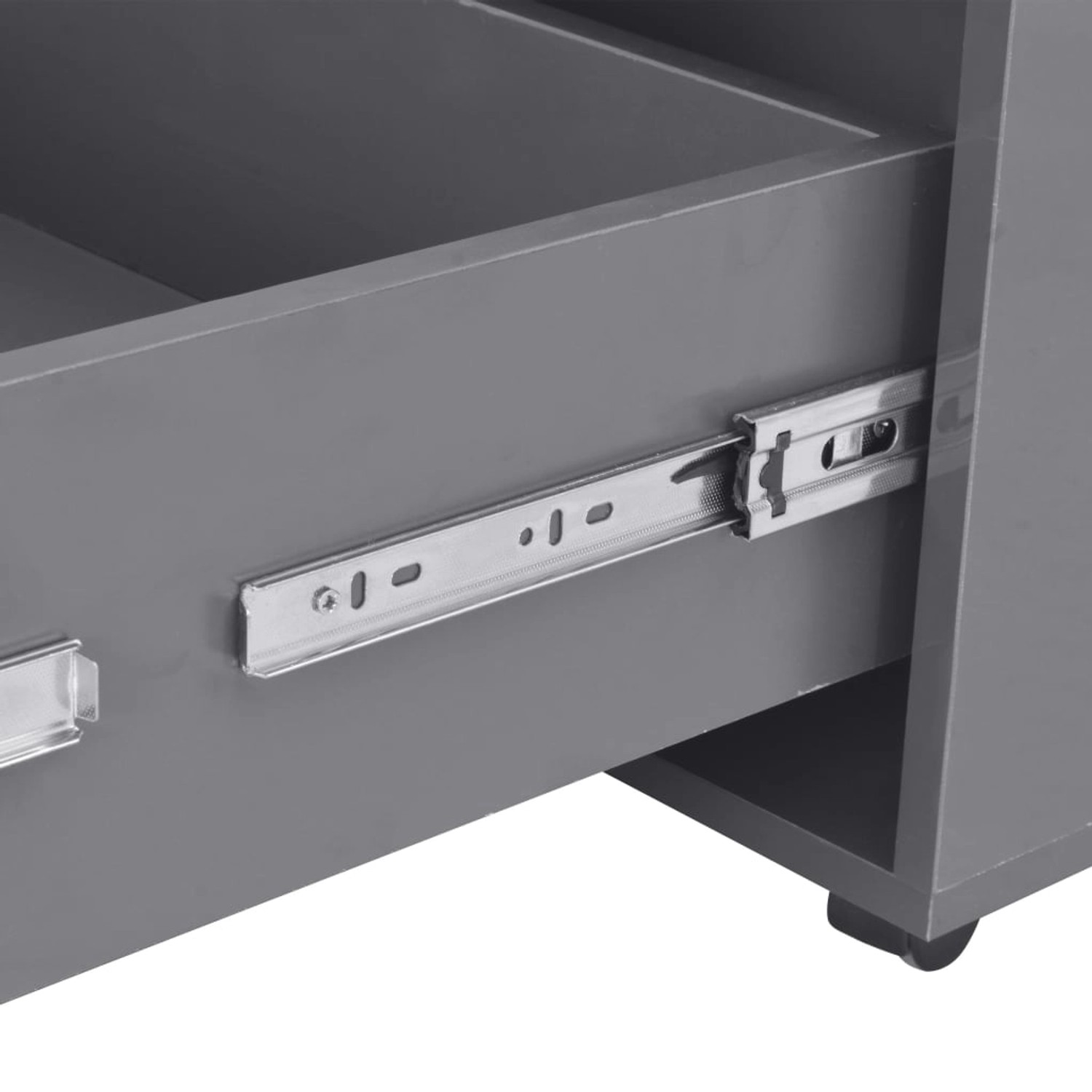 Detailansicht: Grauer vidaXL Couchtisch mit Auszug und Rollen.