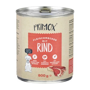 Primox Fleischmecker Rind 800g Nassfutter Dose. Getreidefrei, 70% Fleisch & Innereien, natürliche Zutaten für Hunde.