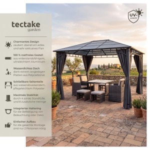 Grauer Tectake Gartenpavillon Caracas 3x4m mit Aluminiumgestell, wetterfestem Polycarbonatdach & Seitenteilen auf Terrasse.
