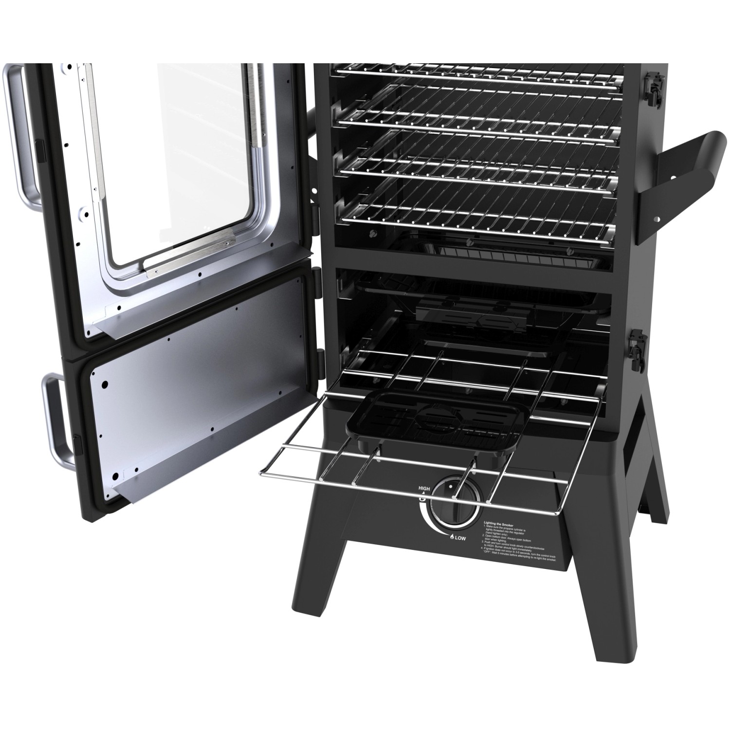 El Fuego Portland W2 Gasgrill/Smoker, schwarz, mit offener Tür und Einblick in den Garraum.