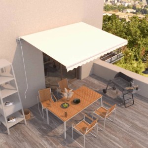 Creme Furnicato Markise, 450x350 cm, überdacht eine Terrasse mit Tisch und Grill.