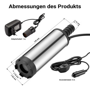 Wiltec Mini Tauchpumpe Edelstahl mit Maßen, Adapter- & Anzünderkabel. Ideal für Wasser & Dieselöl.