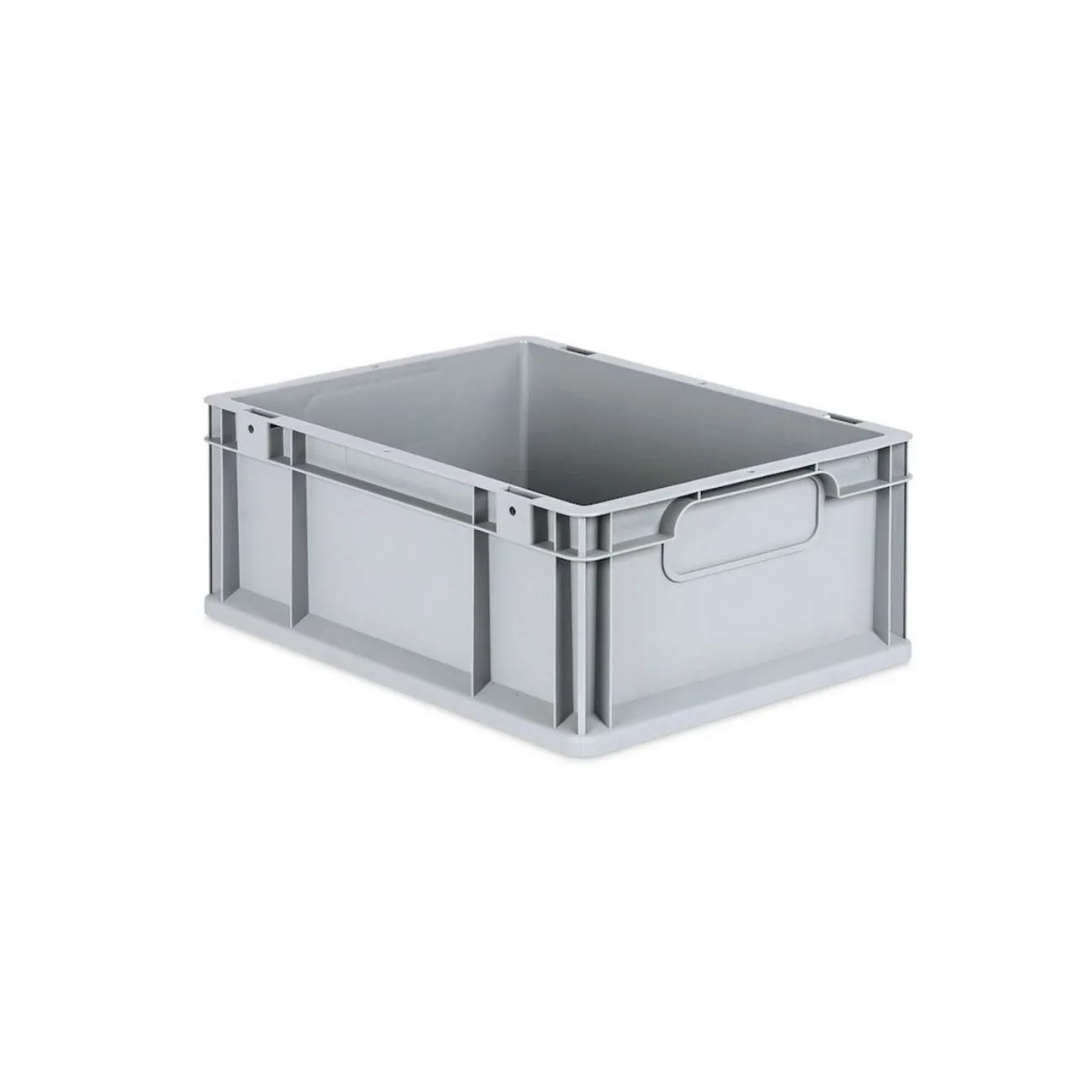 Graue PROREGAL Eurobox Nextgen Economy, eine robuste Aufbewahrungsbox mit geschlossen Griffen und Scharnierdeckel.