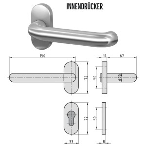 Technische Zeichnung: Basi Türdrücker U-Form für Schmalrahmen-Garnitur, Maße und Details.