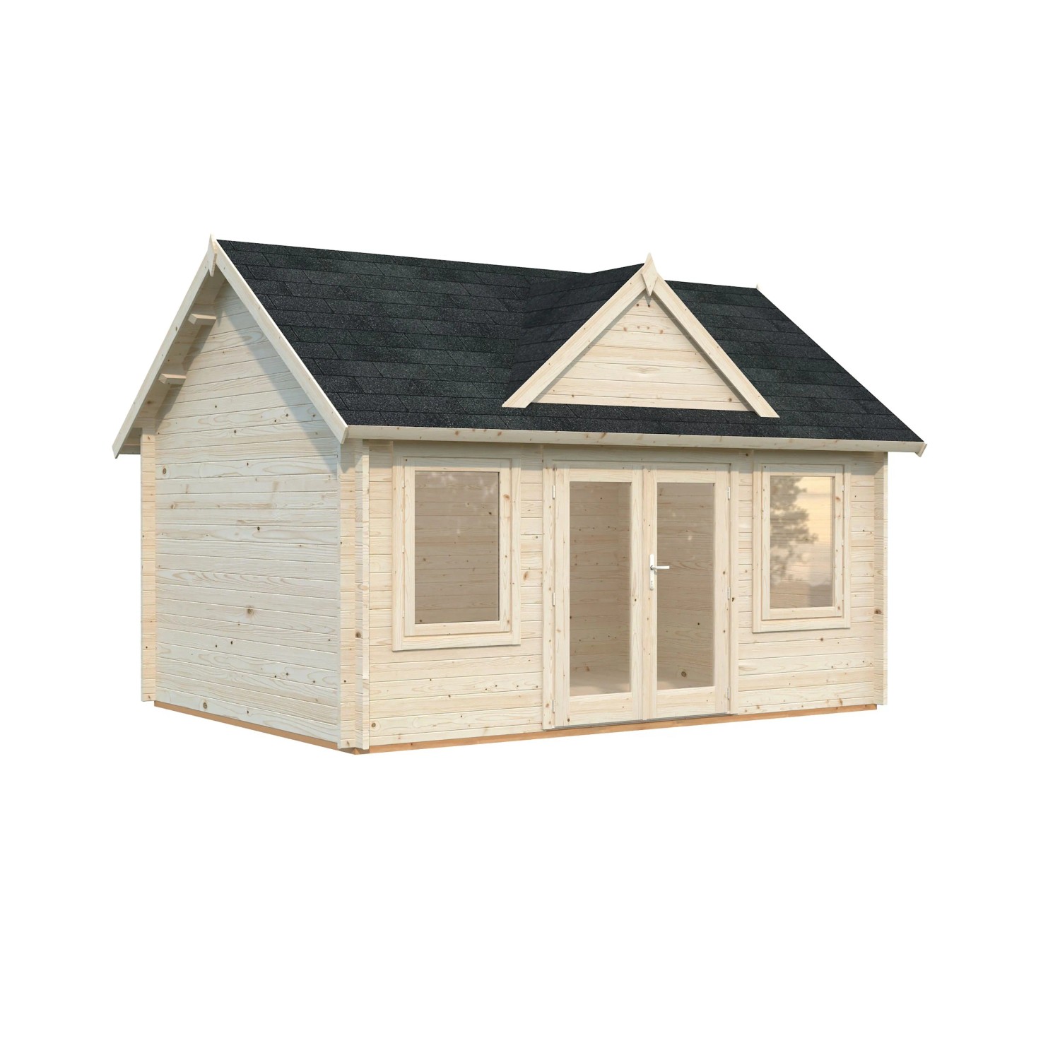 Palmako Gartenhaus Claudia, 450x330 cm, naturbelassen. Holz-Gartenhaus mit Doppeltür und Fenstern.